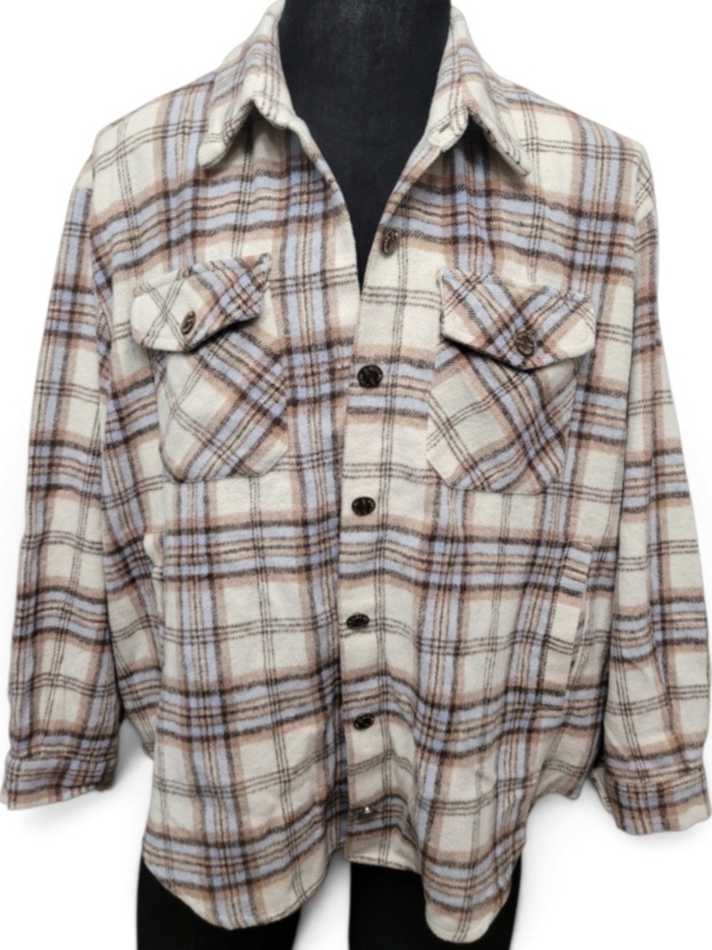 Miss Me Plaid Shirt Jacket in Cream, Brown & Light Blue - Multi Ivory